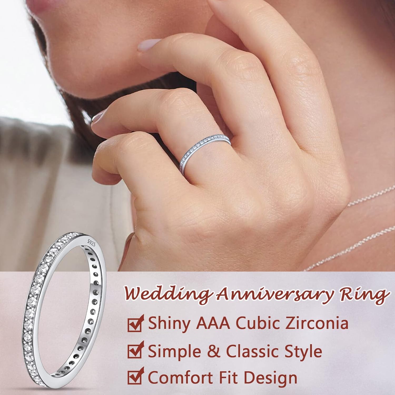 Silvora 925 Sterling Silver CZ Simulated Diamond Stackable Ring Eternity Bands for Women 2mm Wedding Band