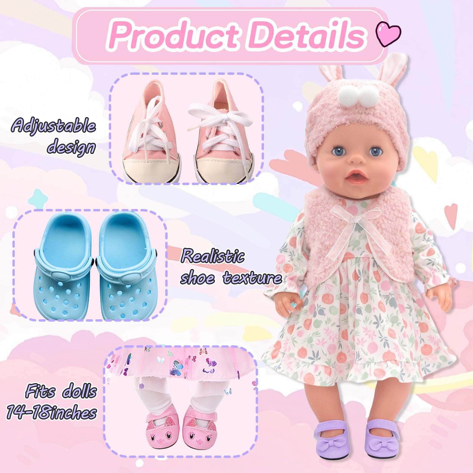 4 Paar Puppen Schuhe Zubehör Set, 14-18 Zoll Bunte Puppenzubehör mit 1 Hasenschuhe 1 Lederschuhe 1 Sandalen 1 Leinenschuhe, 35-45cm Puppe Zubehör für Baby Puppen, Puppenschuhe Geschenk für Mädchen - 3