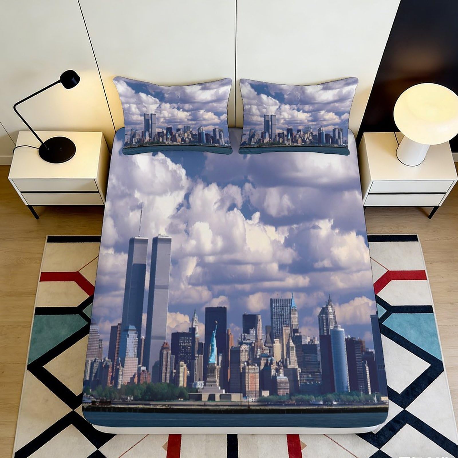3D Printed City Skyline Fitted Sheet Microfiber Deep Pocket Bedding Set Urban Theme Mattress Fitted Cover Non-Slip Washable 200x200x25cm
