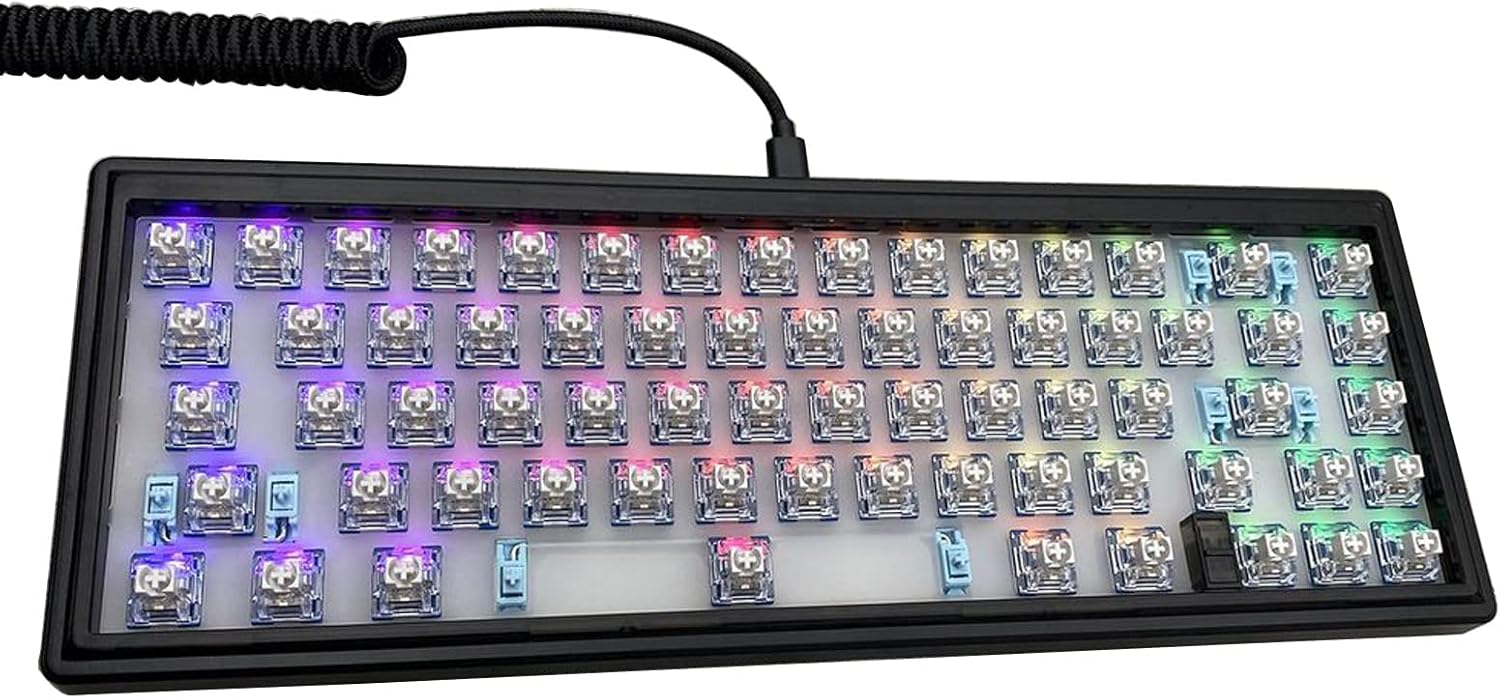 Close-up of an assembled Yuly CIY GAS67 keyboard with switches installed, showing RGB lighting.