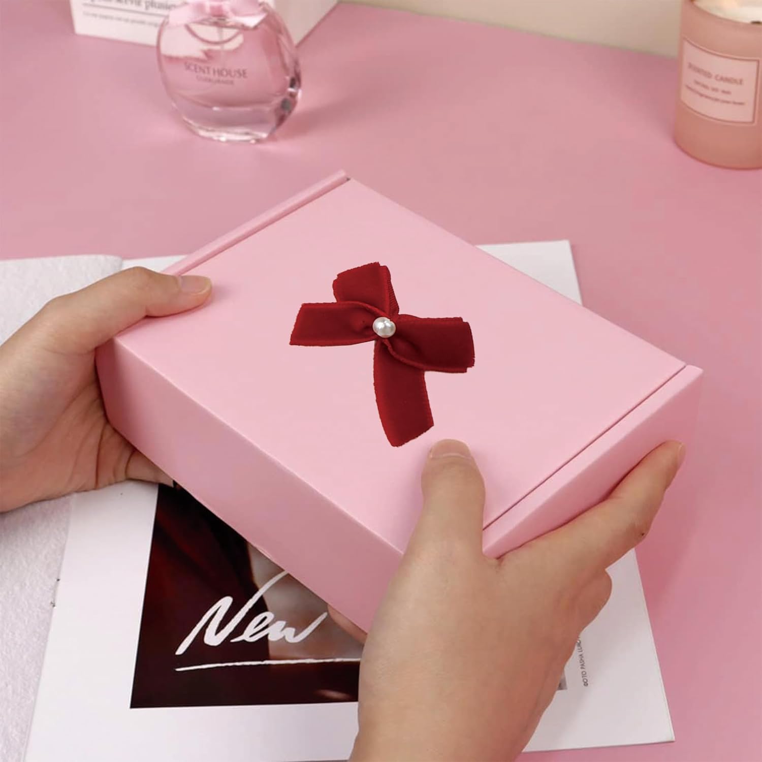 60pcs Mini Velevt Ribbon Bows 1 Inch with Pearl Ribbon Flowers Appliques DIY Craft for Sewing, Scrapbooking, Wedding, Gift,Christmas Decoration(Burgundy) - Image 5