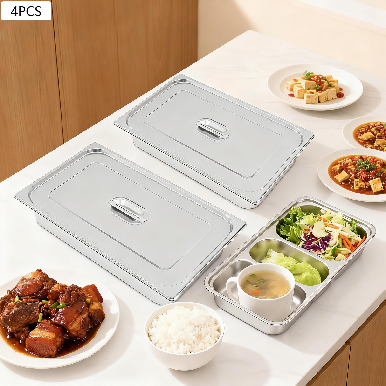 Recipiente gastronorm de acero inoxidable de 7,5 l de capacidad, 100 mm de profundidad, sartenes gastronorm con tapa y asa, grosor de pared de 0,8 mm para recipientes calientes, barra de ensaladas y