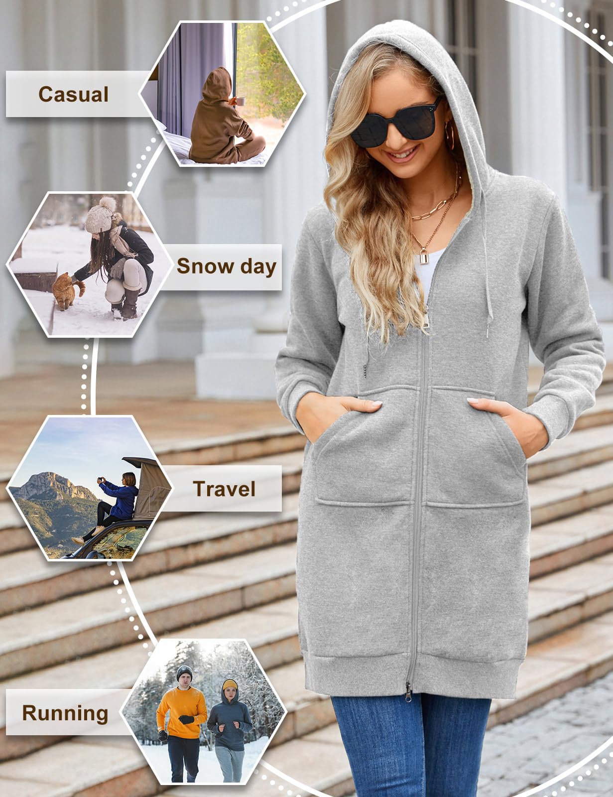 Yusongirl Sweat à capuche zippé pour femme - Veste polaire longue et chaude - Tunique à capuche pour femme - Manteaux d'hiver avec poches
