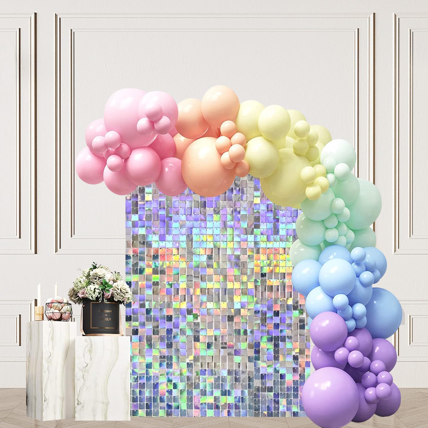 Iridescent Silver Shimmer Wall Backdrop, Sparkling Sequins, 12PCS Sequin Decoration Panels, Glitter Glam Photo Background Decorations for Birthday Party Wedding Engagement Anniversary Graduation