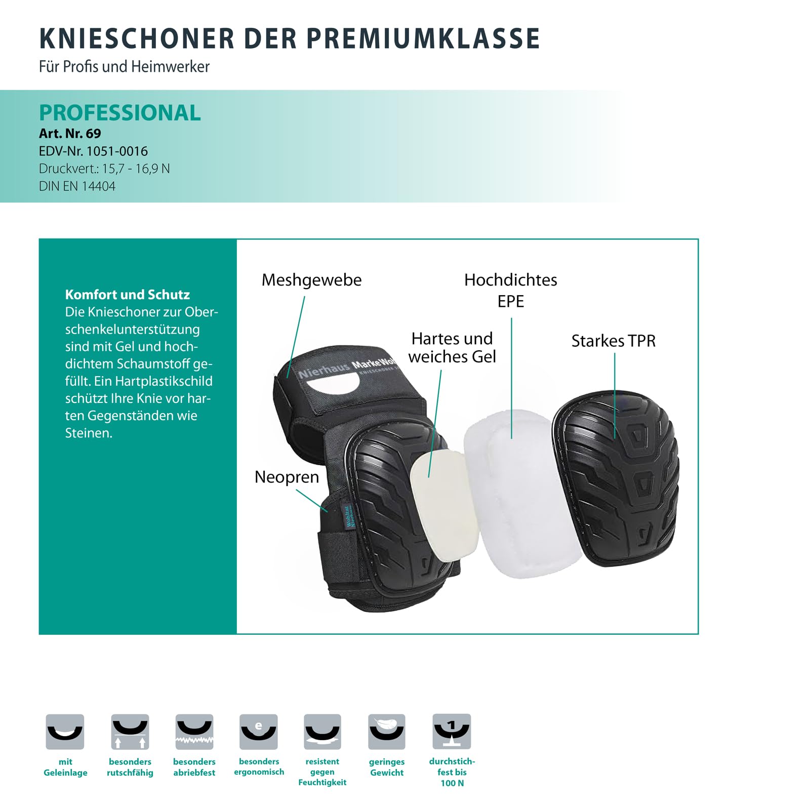 NIERHAUS WOHLTAT Knieschoner PROFESSIONAL - Professioneller Knieschutz mit Gelkissen - Knieschützer für Fliesenleger, Handwerker, Bodenleger, Gartenarbeiten mit starken, bequemen, rutschfesten Riemen