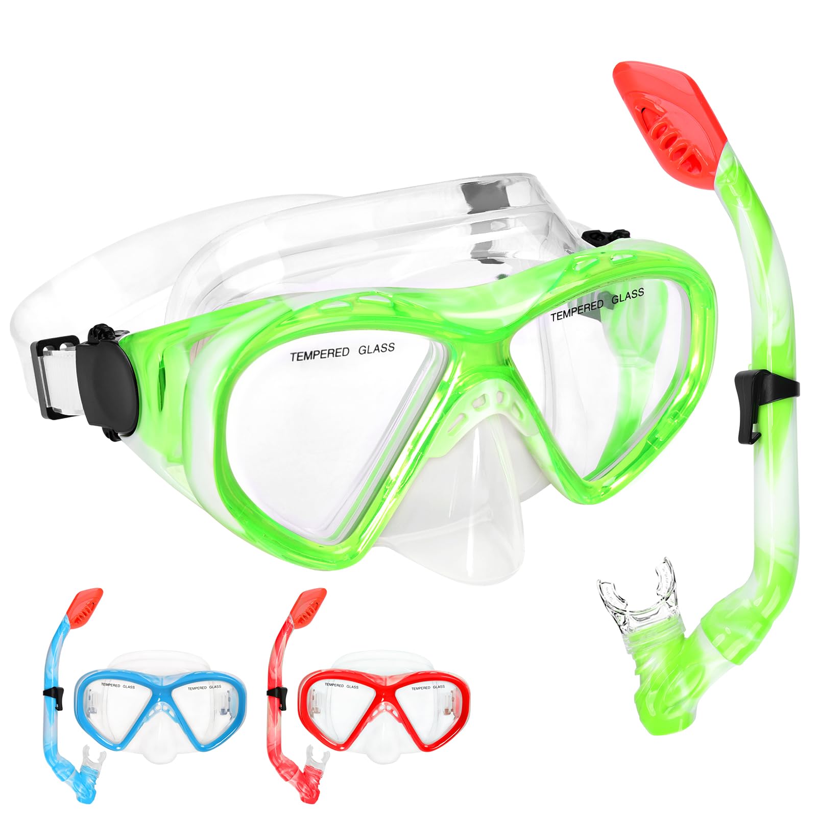 Set di 2 attrezzature per snorkeling per bambini dai 6 ai 14 anni, maschera da snorkeling per ragazzi e ragazze junior occhiali da immersione in vetro temperato