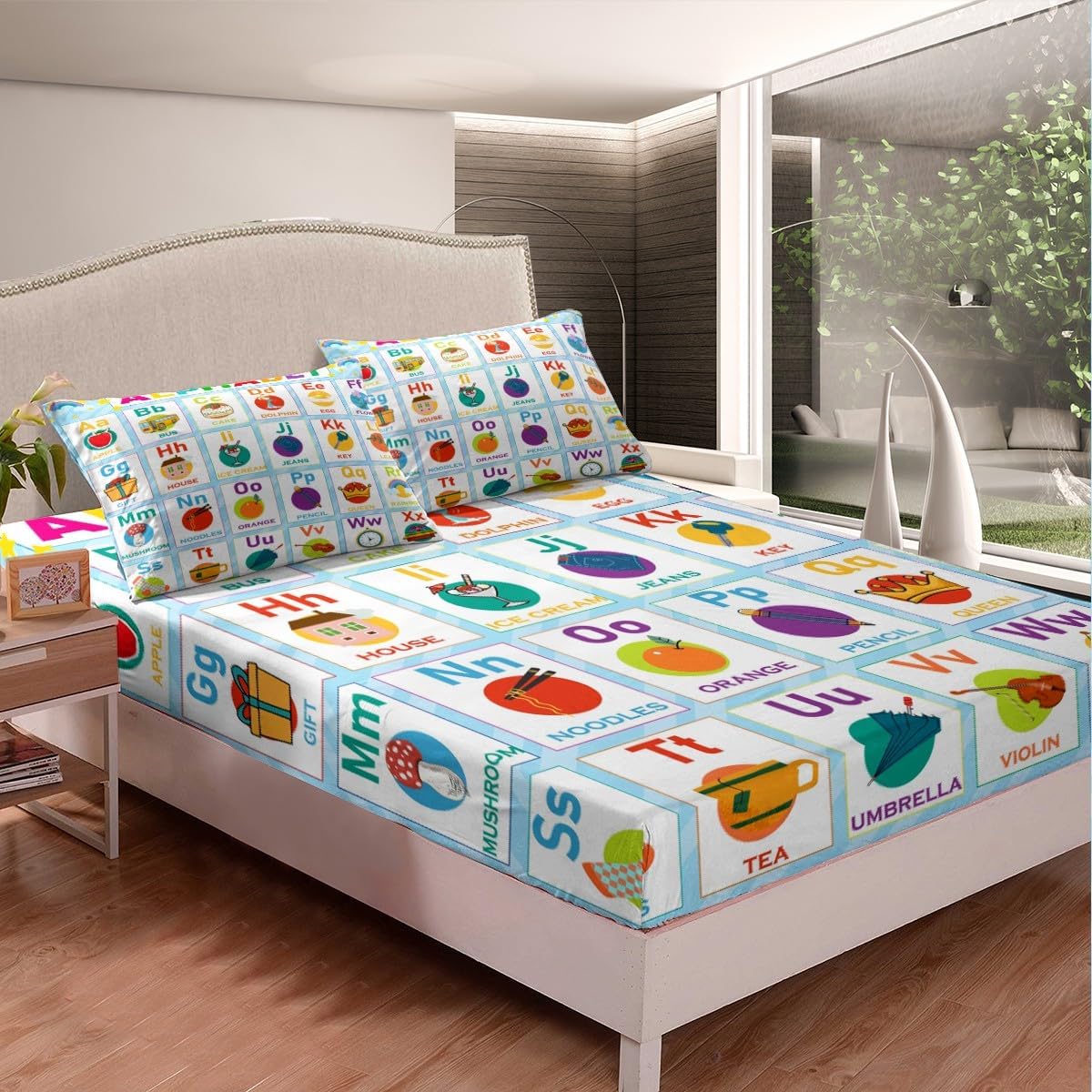 Alphabet Fitted Sheet Full Size, ABC Alphabet Bedding Set Kids Toddler Learning Time Bed Sheet Educational Learning Bed Cover Lightweight