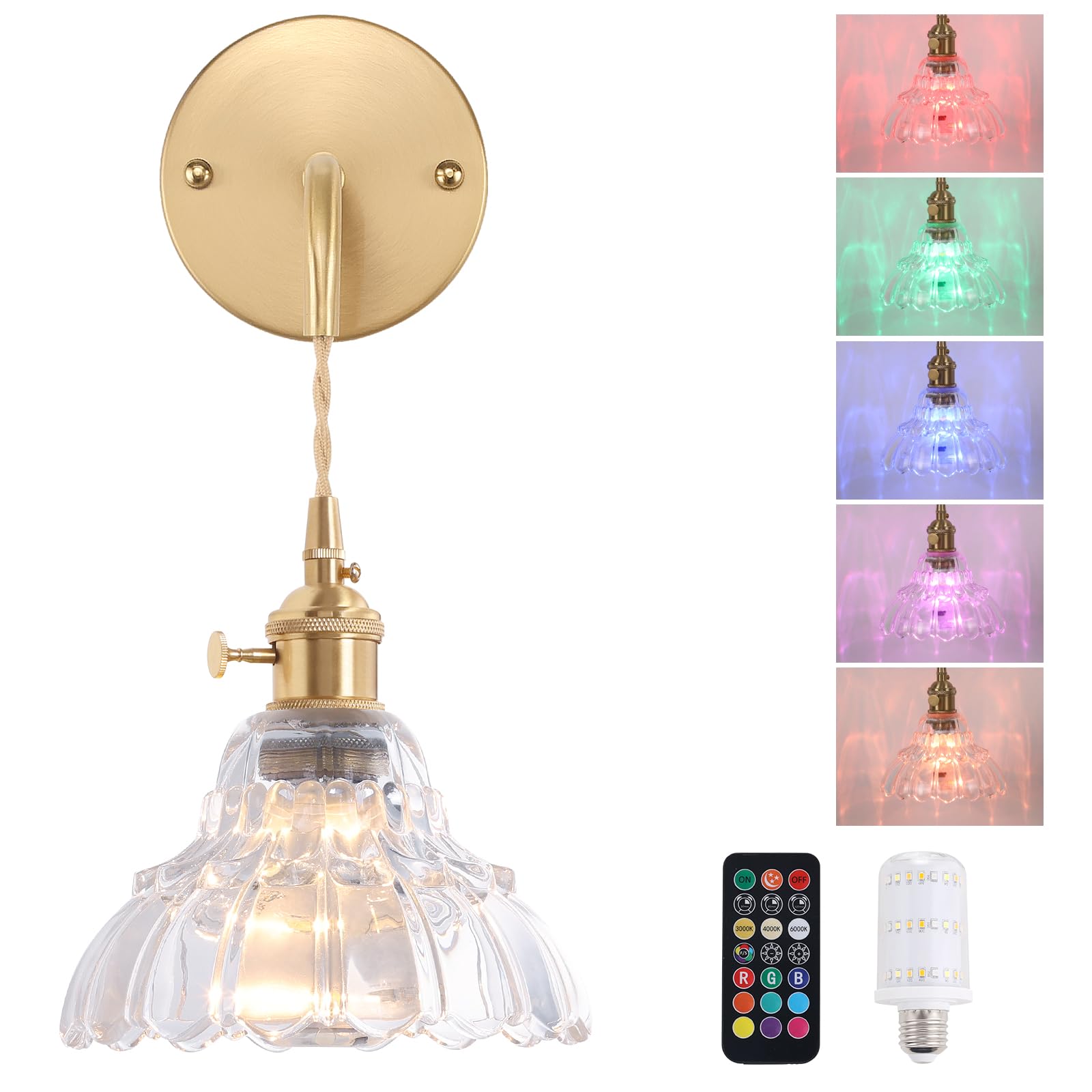 Shenmoyl Battery Operated Wall Sconce Wall Lamp with Clear Lily of The Valley Shade Pattern Glass Adjustable Chain Retro Gold Wall Light, Modern Wall