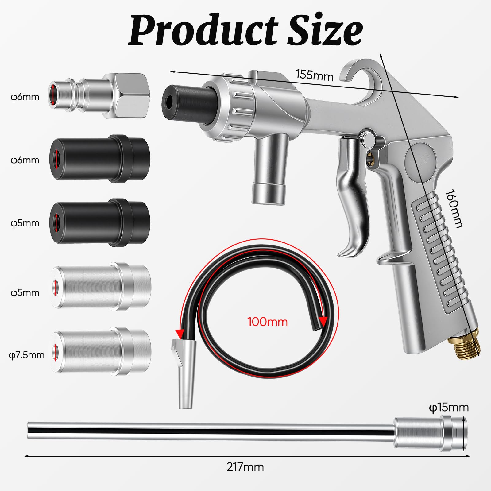 Set de sablage à air comprimé, Longue buse de sablage et buses métalliques de 5 mm/6 mm, avec alimentation par siphon, buse, dégraissant et abrasif