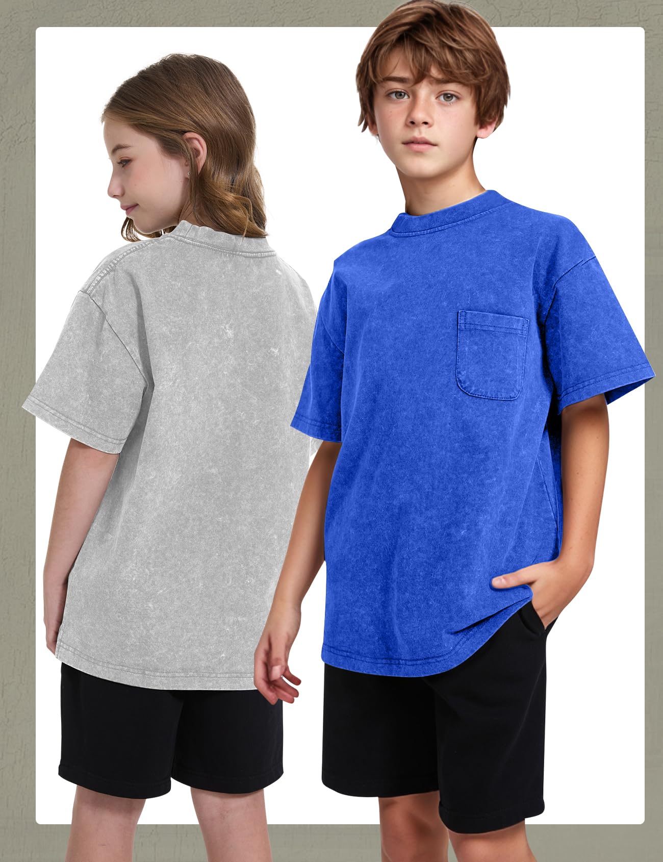 COZYPOIN Paquete de 3 camisetas unisex para niños y niñas, de manga corta, cuello redondo, lavadas al ácido, camisetas de verano de 5 a 14 años