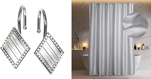 Cortina de ducha plateada y ganchos de cortina de ducha con diamantes de níquel, 72 x 78 pulgadas, impermeable, lavable, tela con purpurina