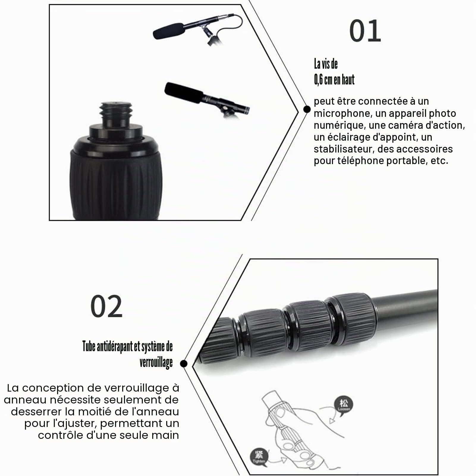 Perche de Micro Portable, Bras de Micro Extensible à 4 5 Sections avec Poignée en Mousse et Filetage 1/4", Support de Micro Télescopique Réglable pour Microphones de Téléphone Appareil Photo(5)