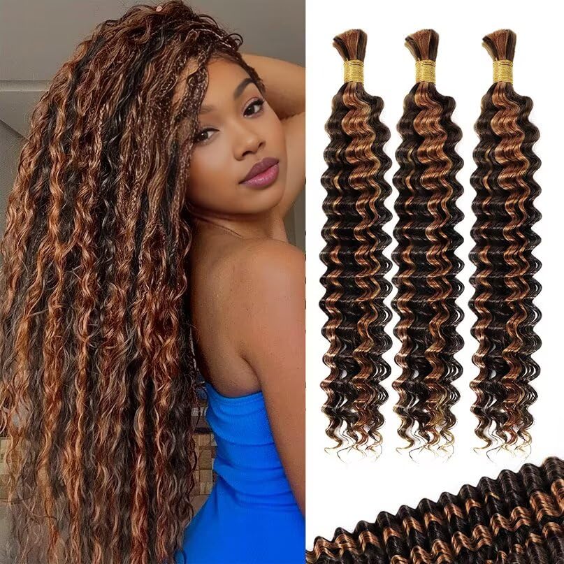 12A P4/30 Dark and Light Brown Human Braiding Hair for Boho Braids 3 Bundles 24 Inch 100g Deep Wave Braiding Hair for Bohemian Knotless Braids 100% Unprocessed Virgin Bulk Hair Extensions No Weft