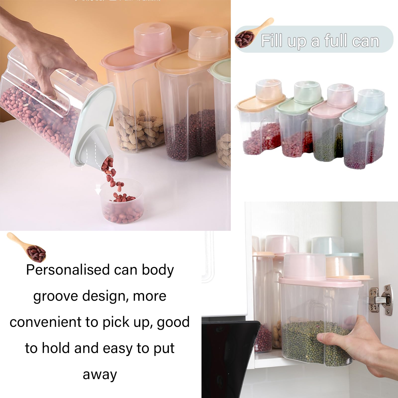 4 Pezzis Contenitore Ermetico Cereali Alimentare, porta cereali da colazione dispenser, Serbatoio Alimenti Secchi, Trasparente Airtight Secco Contenitore Alimenti, Caffè, Farina con Misurino (small)