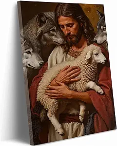 Jesus and Lamb Canvas Wall Art Jesus Saves the Lost Lamb Painting Picture Wall Decor Christian Shepherd Religious Poster Print Artwork for Church Room Living Bedroom Office Home Decoration Framed