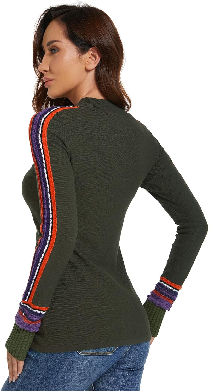 AmélieBoutik Women Mock Neck Fair Isle Trim Long Sleeve Pullover Knit Sweater - Image 5