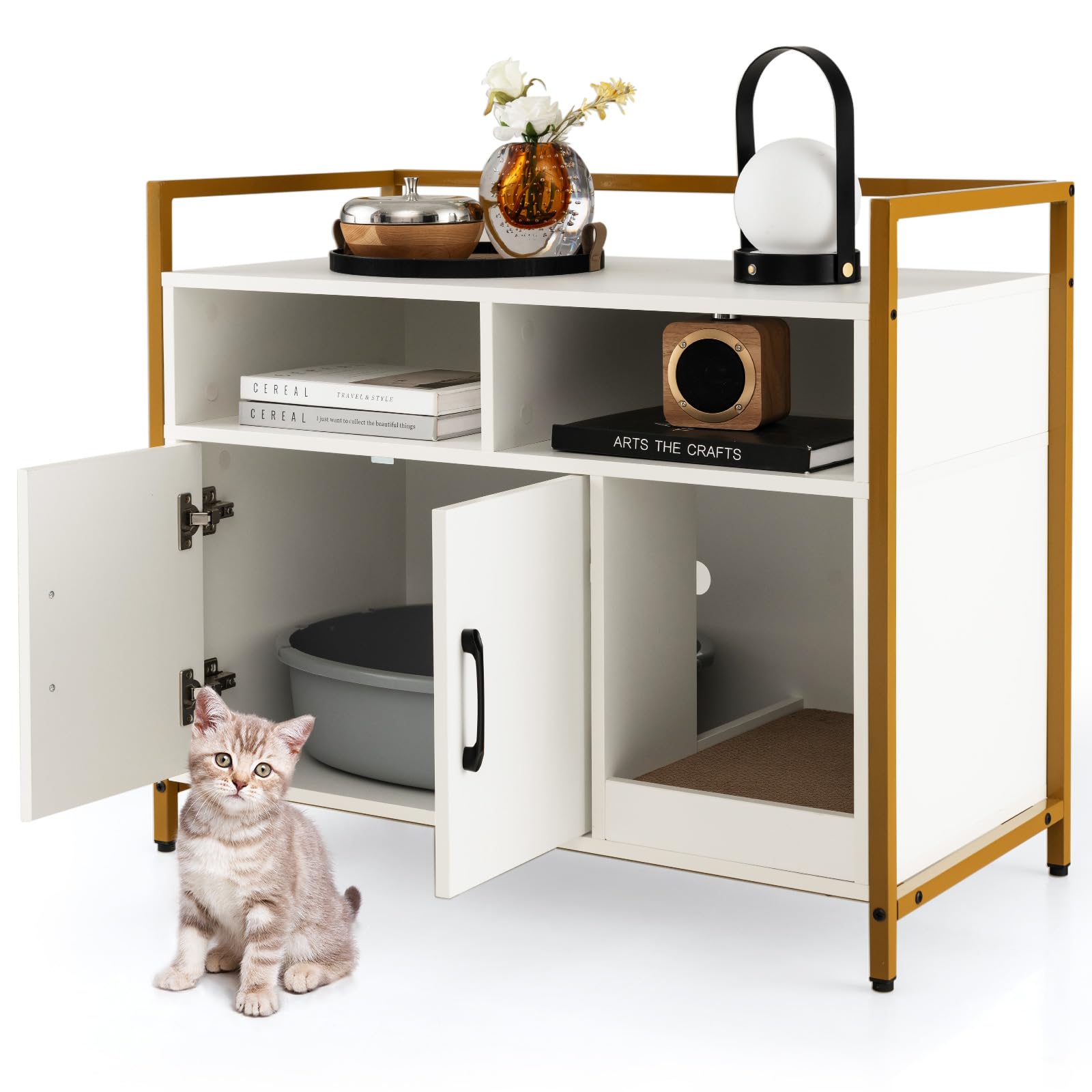 GYMAX Casetta per Gatto, Mobile Lettiera per Gatti, con Robusto Telaio in Metallo, Tiragraffi, Scaffali di Stoccaggio in Legno, Stile Industriale, 89 x 45 x 74,5 cm (Bianco)