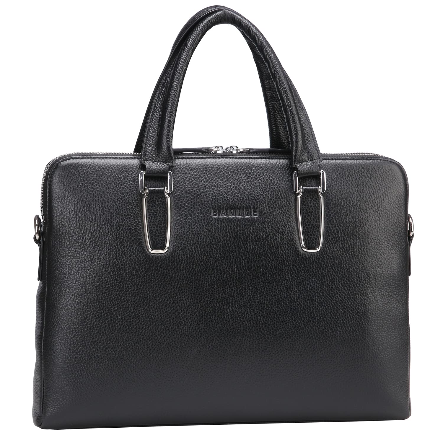 BanuceUnisex Genuine Leather Slim Briefcase Top-zip Laptop Bag