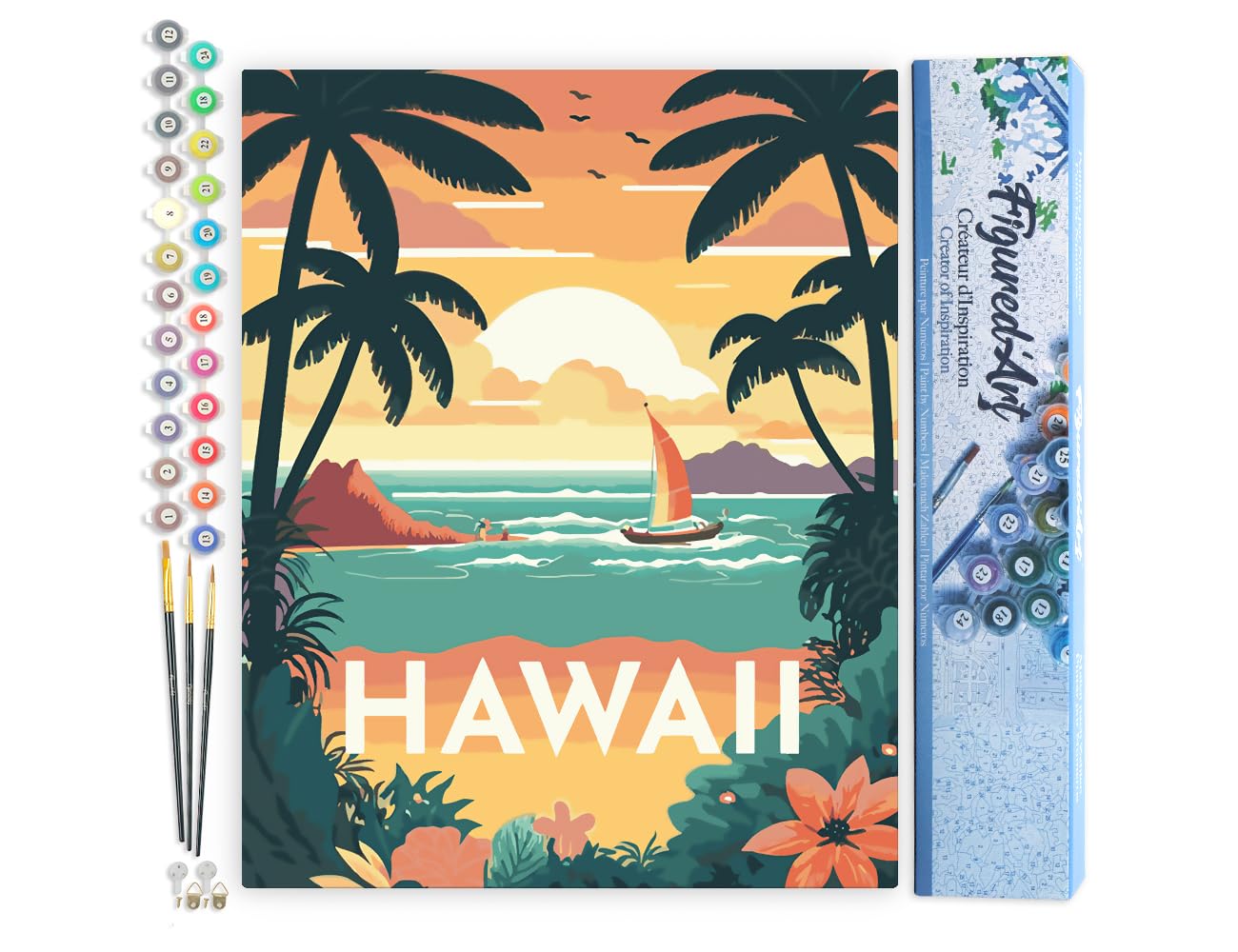 Figured'Art Paint by Numbers for Adults Travel Poster Hawaii 40x50cm - Craft Art Painting DIY Kit Rolled Canvas Without Frame