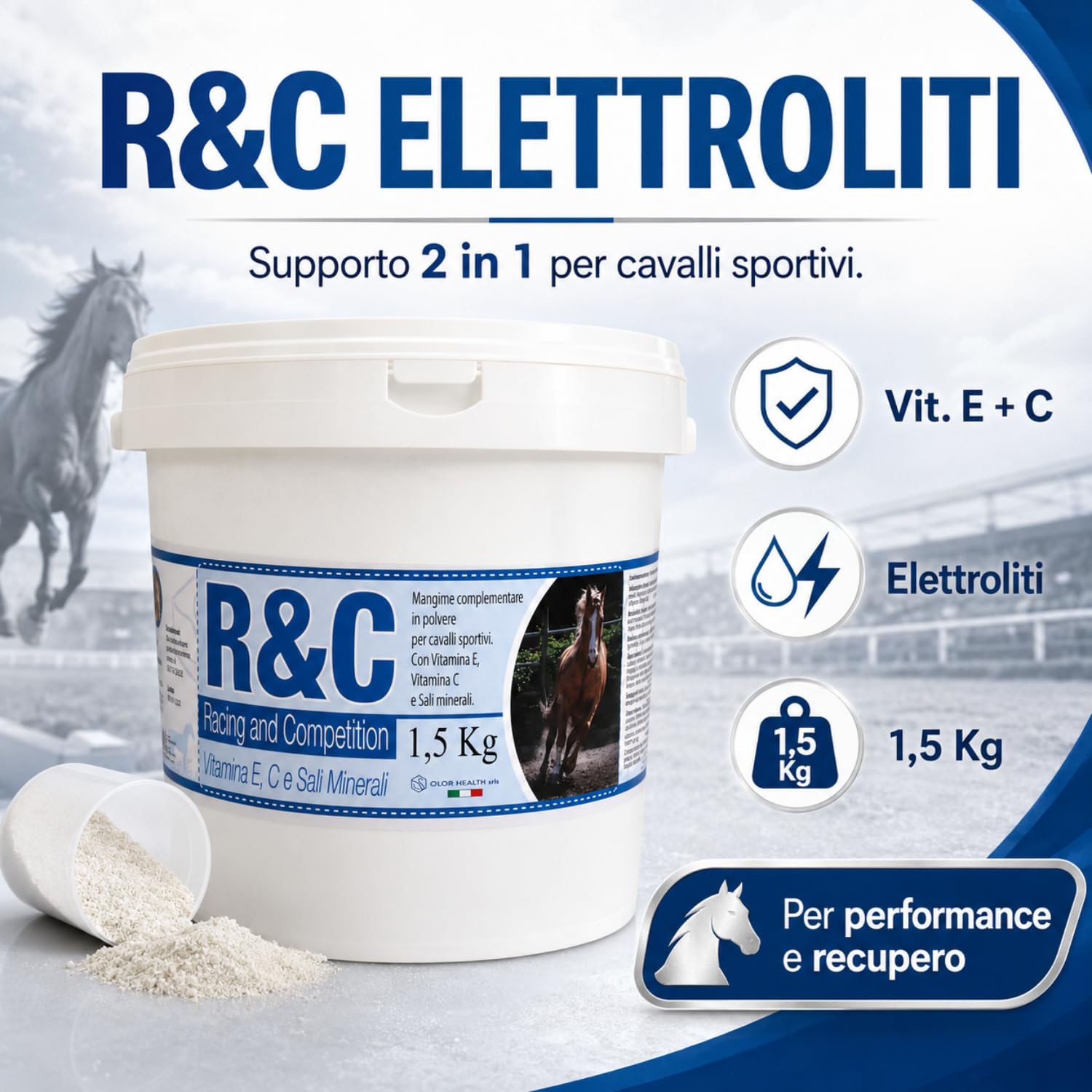 R&C Elettroliti Polvere 1,5Kg - Mangime Complementare per Cavalli Sportivi | Vitamina E, C e Sali Minerali - Ideale Pre Gara e Sforzi Intensi - 2 Prodotti in 1 per Idratazione - OLOR HEALTH