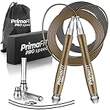 PrimaFIT Pro Speed Corde à Sauter Crossfit Adulte Lestée Jump Rope pour Sport Homme y Femme, Fitness Musculation, Boxe, Aluminum, Réglable, Vitesse Roulements à Billes,2 Acier Câble de Rechange/Poids Bronze