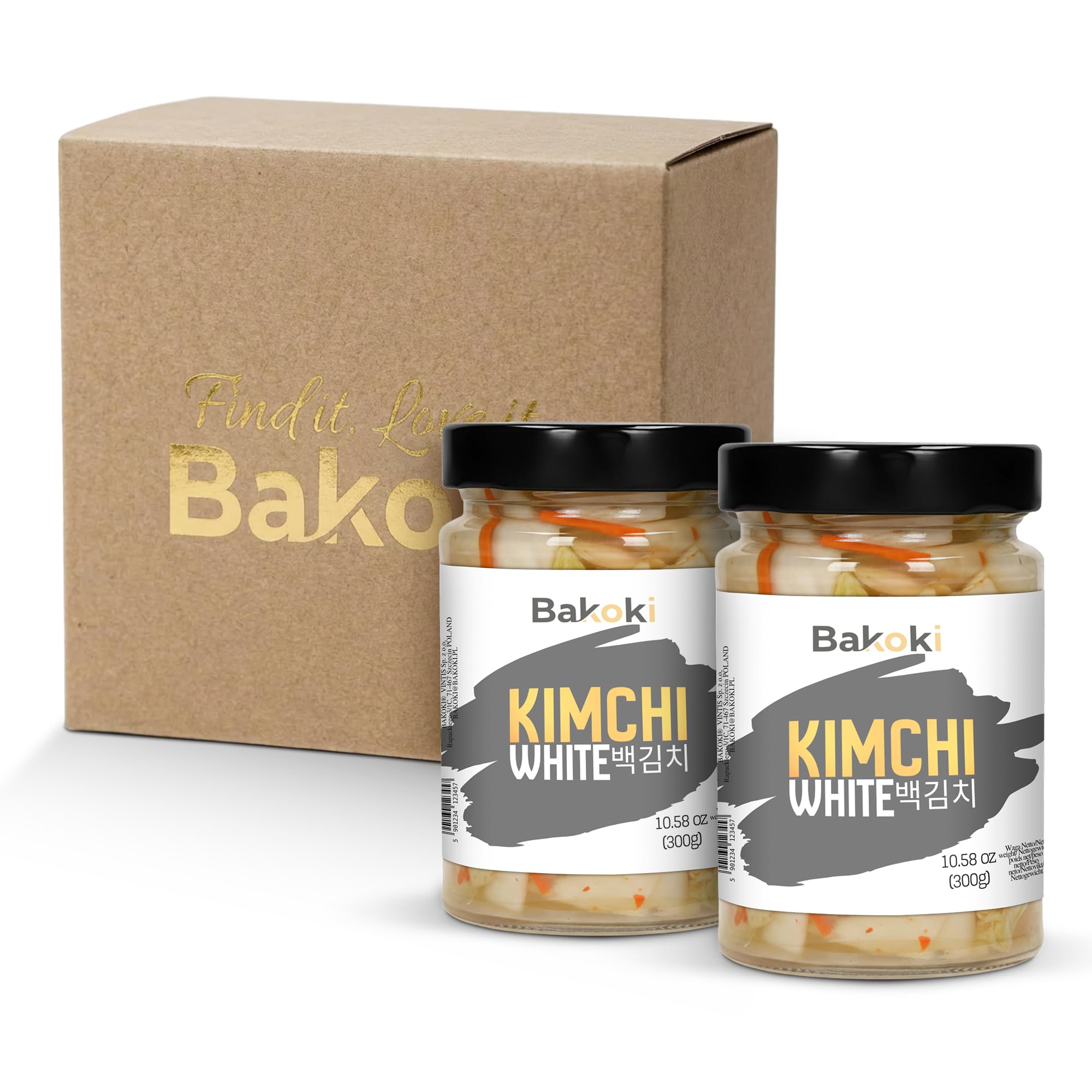Bakoki 백김치 Baek‑Kimchi – Kimchi blanco, suave y sin picante, fermentado tradicionalmente, con baja emisión de olores – 2 × 300 g (ideal para almuerzos, bowls y guarniciones)