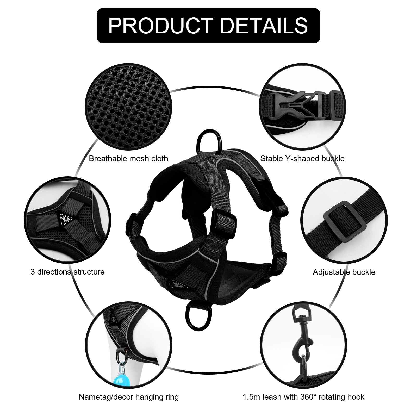 Skmeditec Cat Harness and Leash Set: Upgraded Escape Proof Vest with Lead for Large Cat Small Dog Puppy Walking, Soft Jacket Reflective Strips, Black (M)