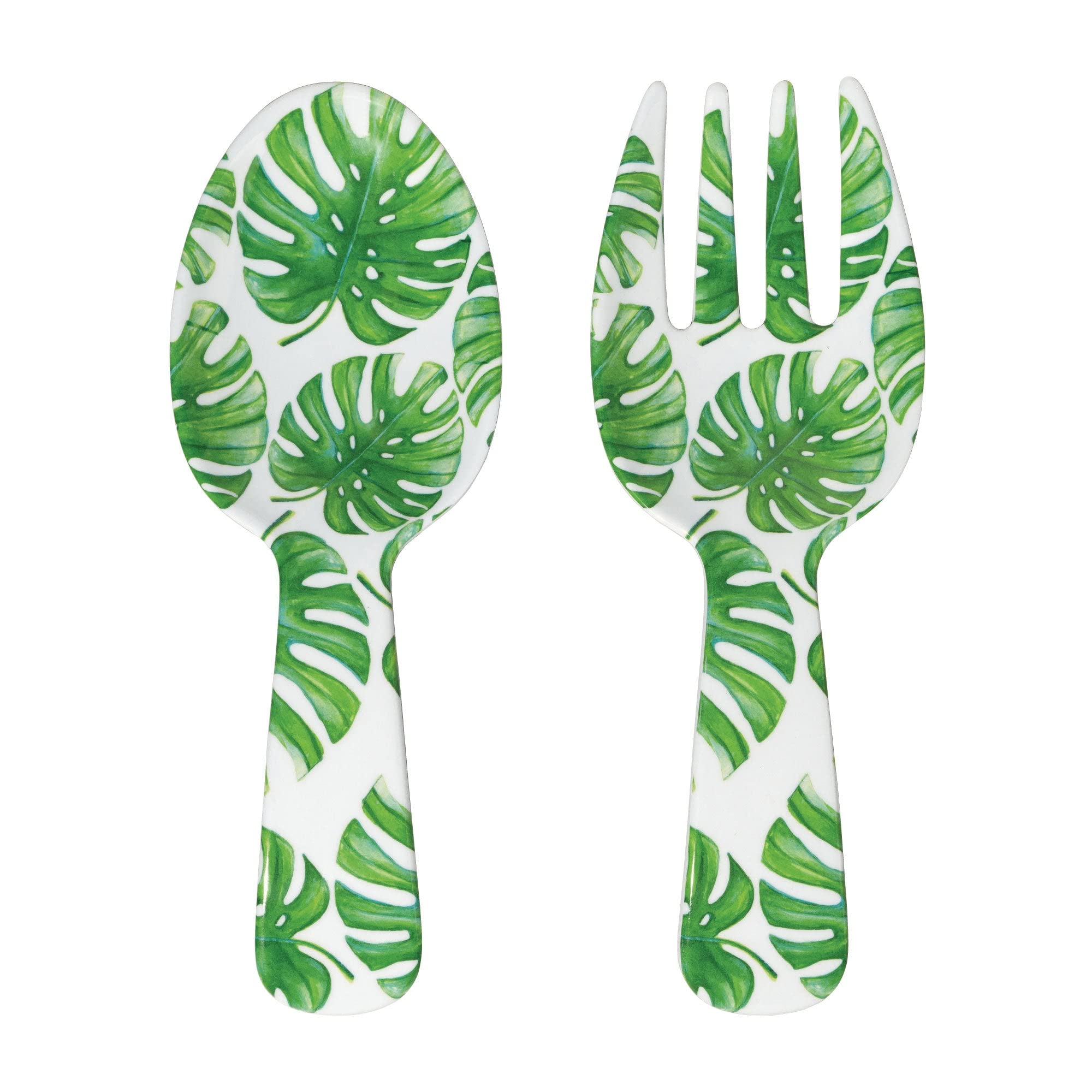 UPware Monstera Melamine Salad Servers, Serving Utensil Set, Includes Serving Fork and Spoon for Tossing Salad, Pasta, Green, 10.75 Inch, Set of 2