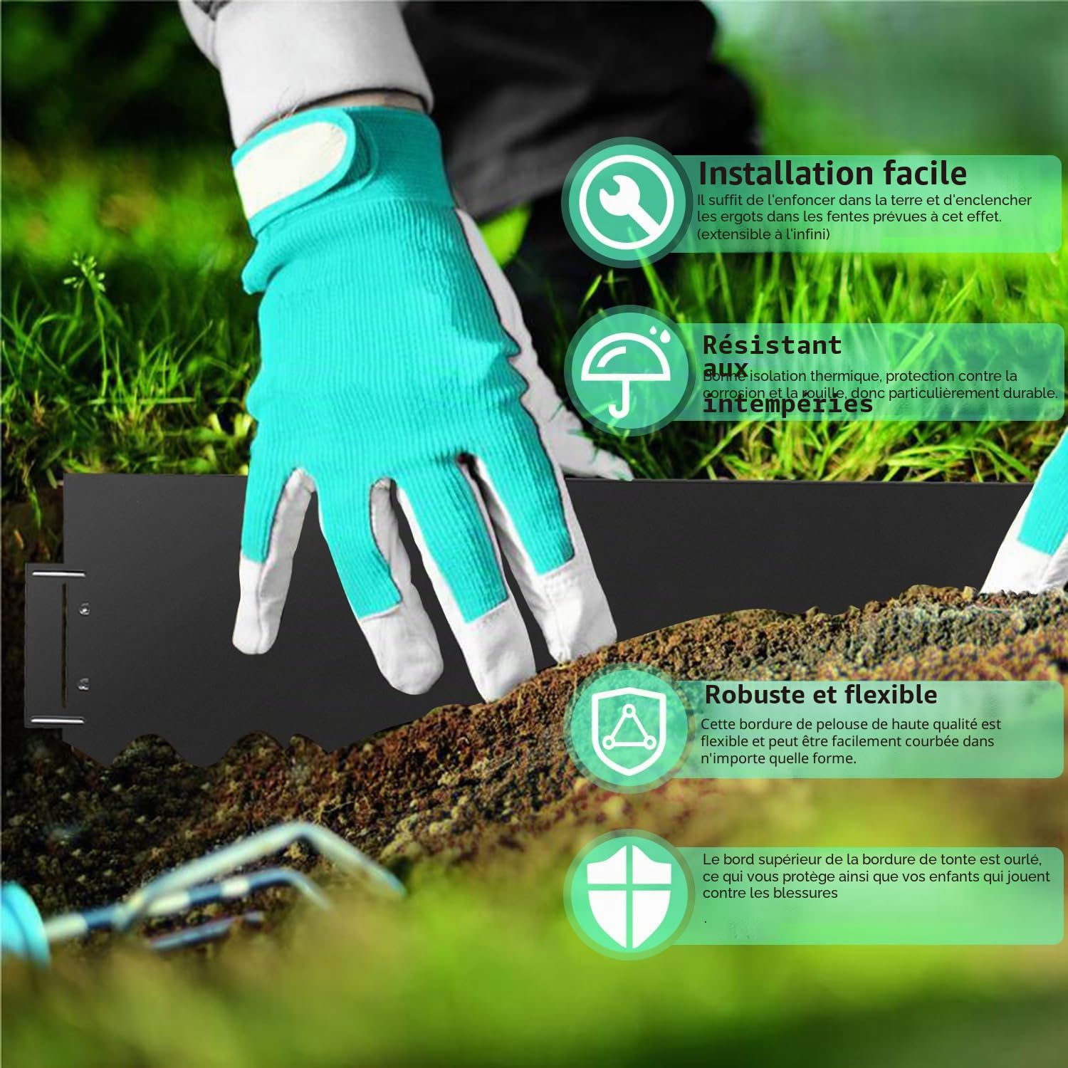 Bordure de pelouse en métal galvanisé, 5 m, 10 m, 15 m, 20 m, 25 m, 30 m, 35 m, 40 m, 45 m, 50 m, palissade, Peut être utilisée pour Cour, Jardin, Noire (Longueur 10m - Hauteur 15cm)