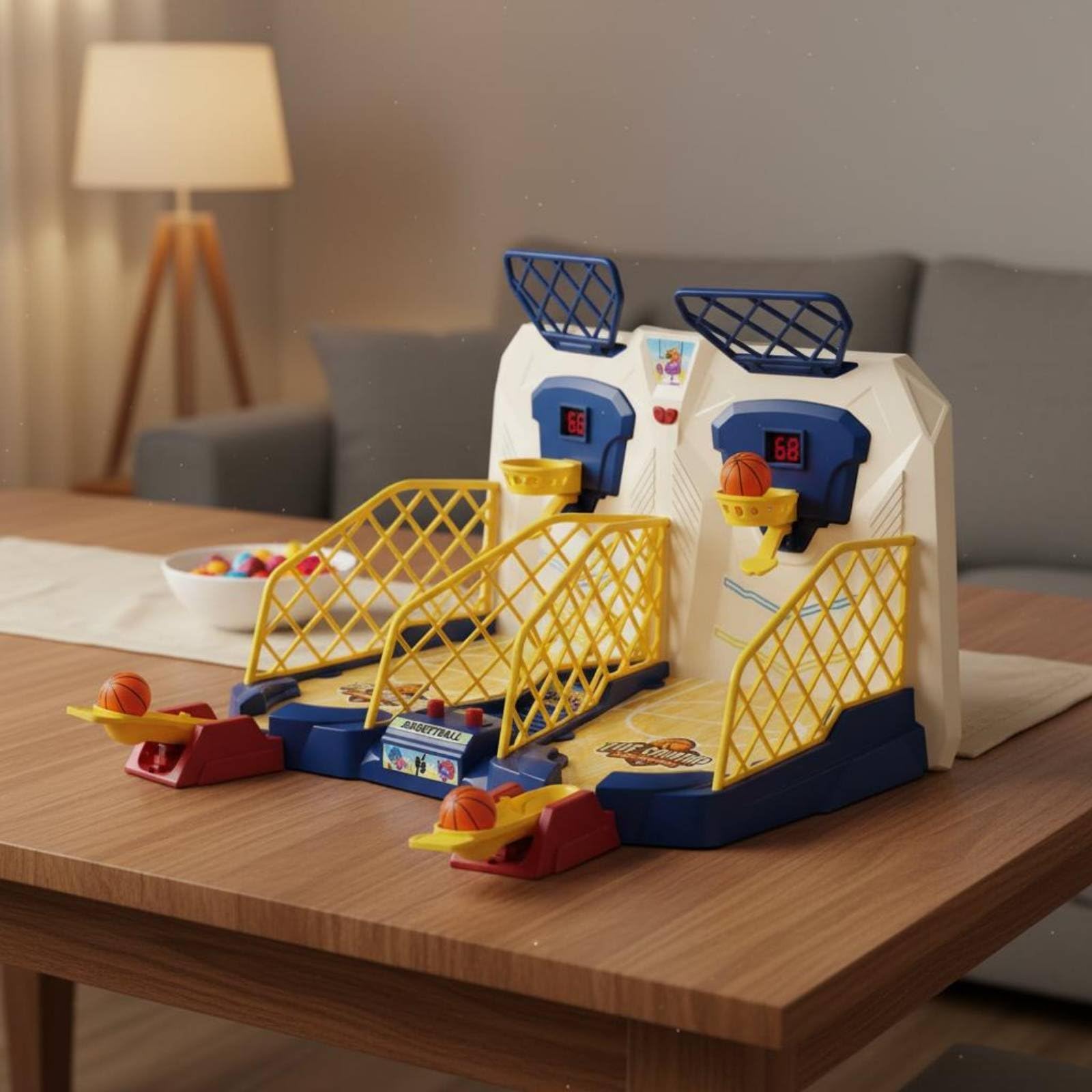TISHITA Gioco Basket Bambini Arcade da Tavolo Mini Canestro a Mancino con Luci Musica E Segnapunti per Abilità Mano Occhio, Macchina da Basket A Doppio Tiro con Luci, Musica E Segnapunti, 4 Palline