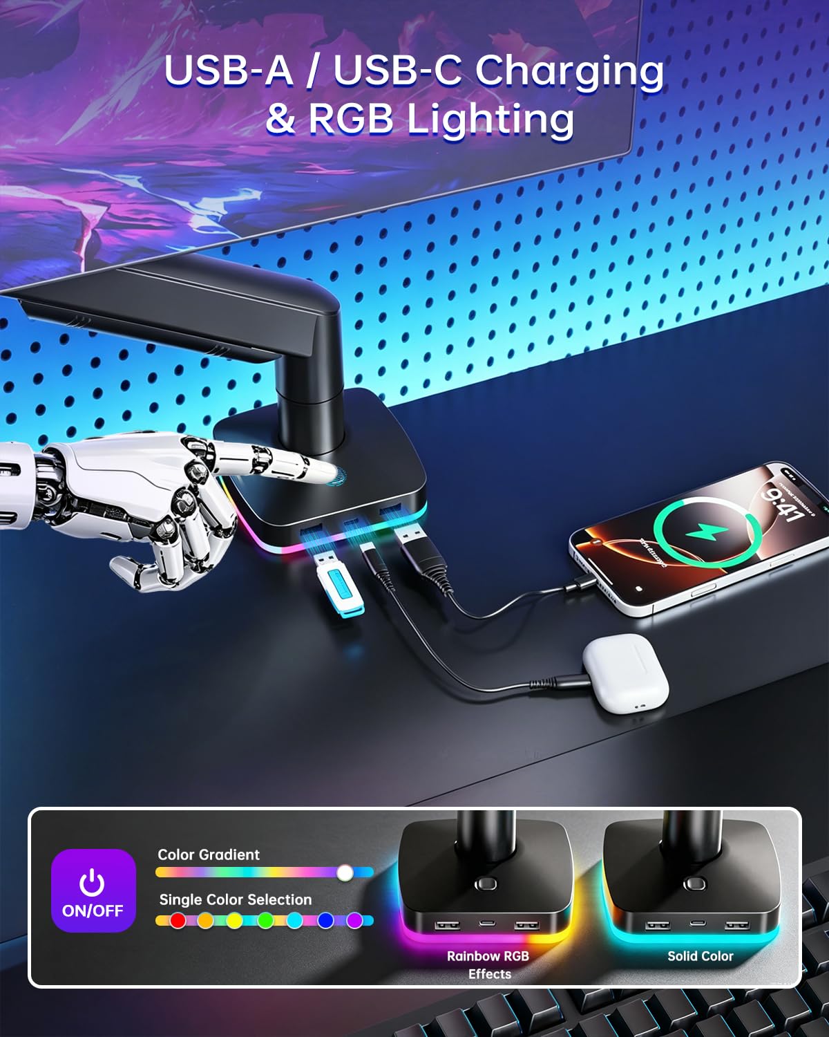 Afaloona Supporto per monitor singolo RGB, braccio per monitor a molla a gas con 3 porte USB, funzione di ricarica e trasferimento dati USB, supporto da scrivania per monitor da 13"-32" fino a 9 kg