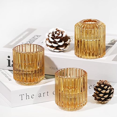 Miniatura 8 de CHOCSTAY Juego de 3 portavelas votivas de cristal, para decoración del hogar, centro de mesa, Acción de Gracias, Navidad, ámbar