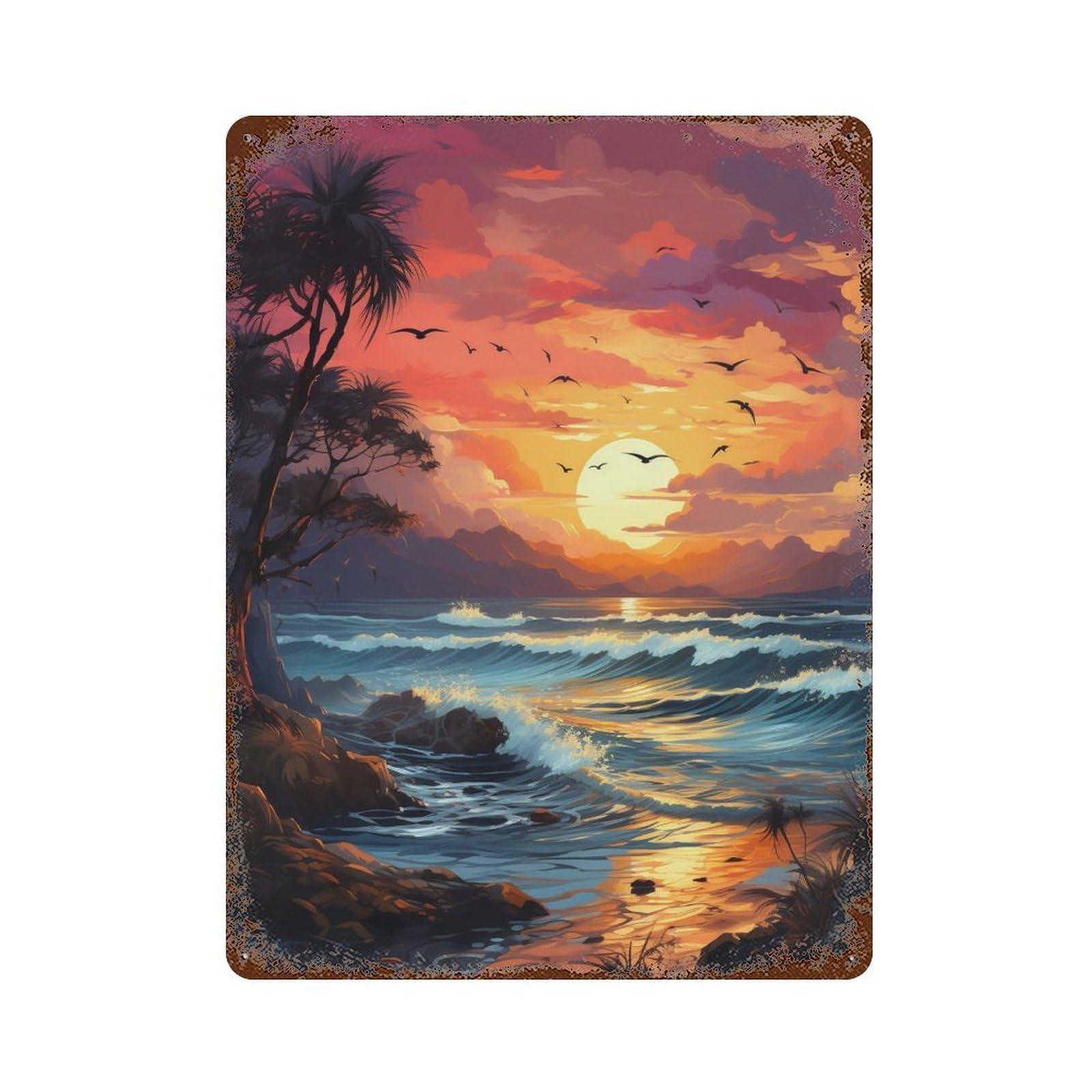Sunset Ocean Waves Decorative Tin Sign 15.7"x11.8", for Farmhouse, Kitchen And Entryway Decor, Vintage Wall Decor