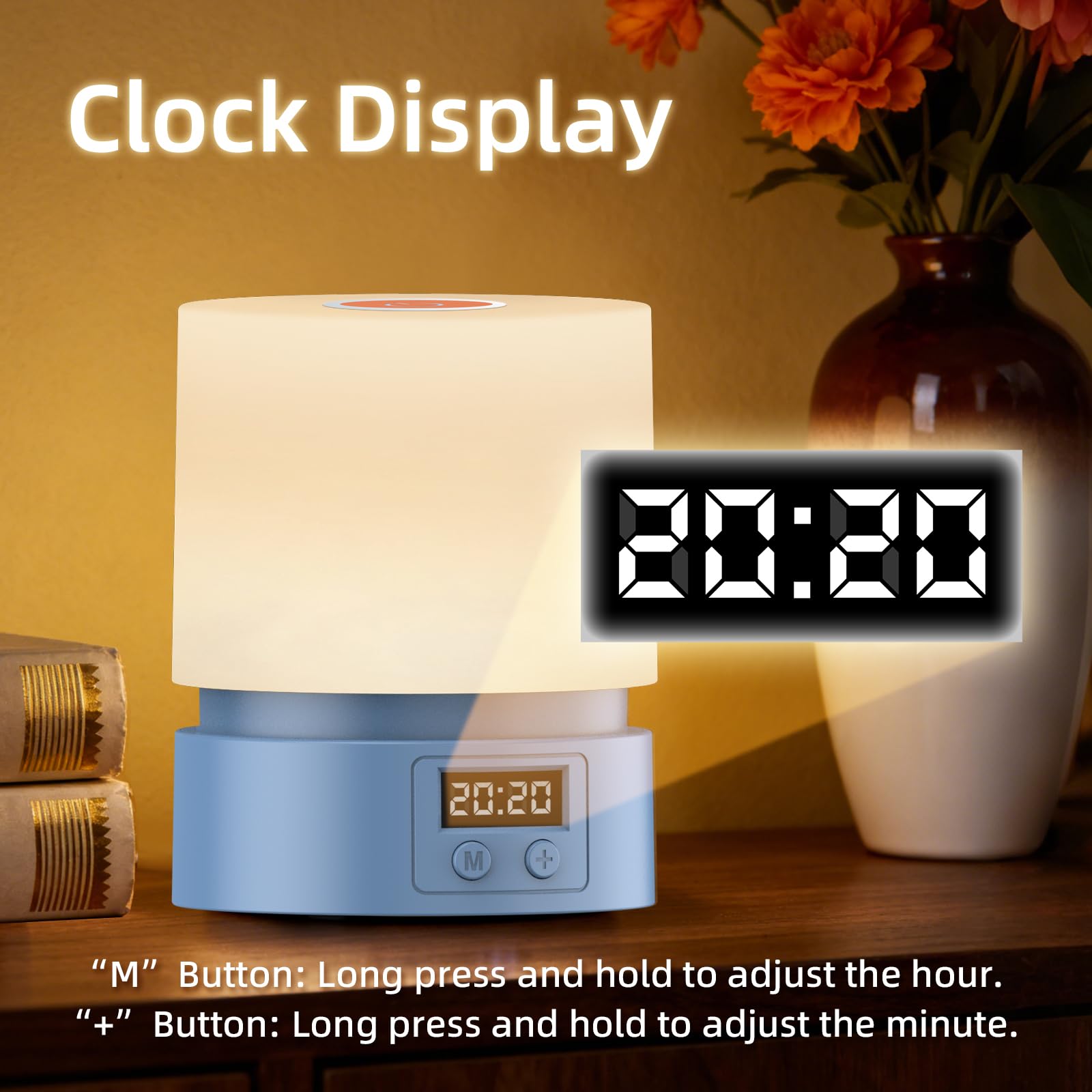 Luce notturna per bambini con orologio, lampada touch per comodino, lampada da scrivania, lampada portatile per allattamento al seno, lampada notturna per bambini, dimmerabile continuamente in