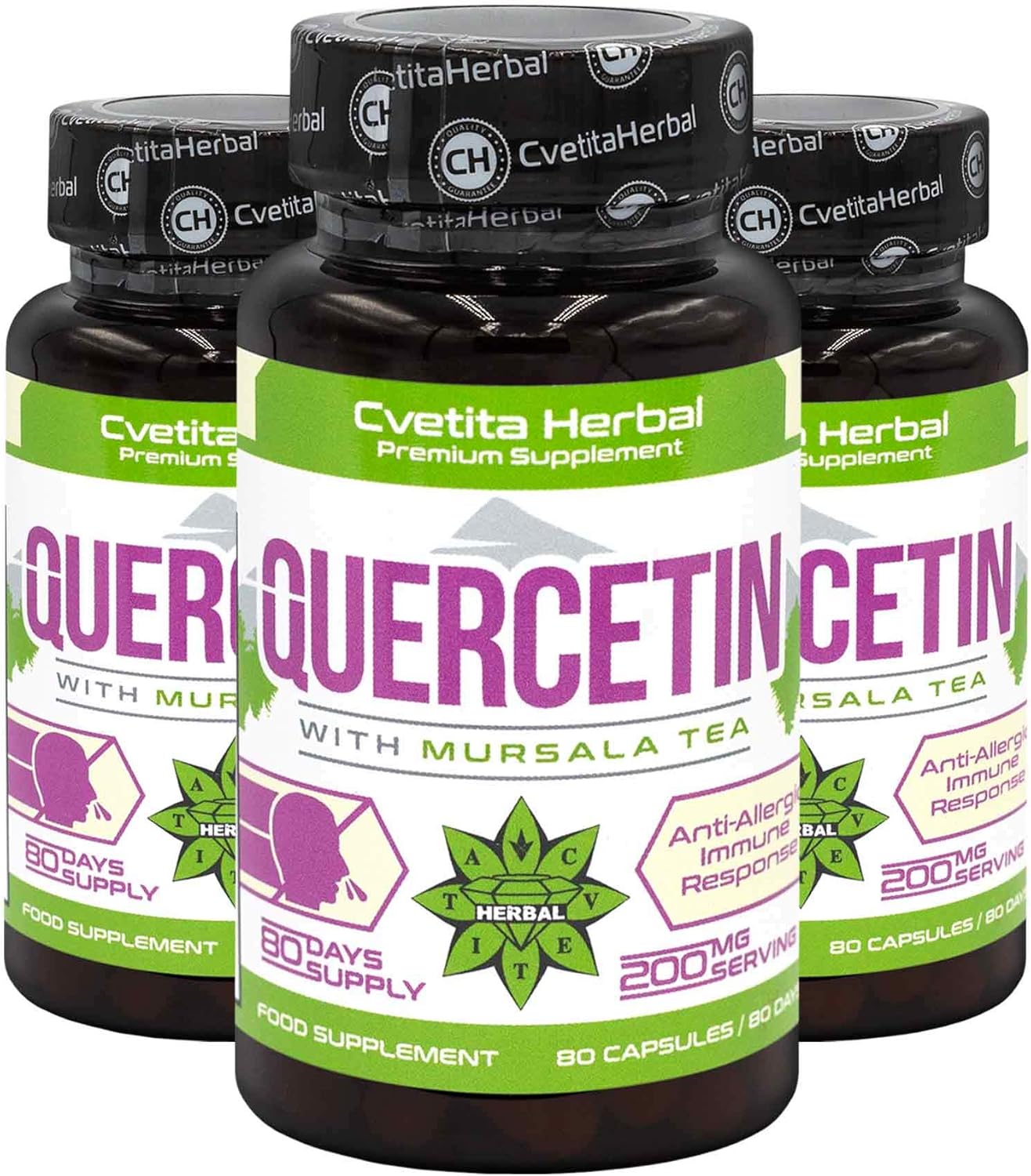Quercetin with Mursala Tea | 80 Vegetarian Capsules x 200 mg (8 Months Supply) | Sophora Japonica Extract | High Absorbtion | Healthy Cardiovascular System | Anti-Allergic Product by Cvetita Herbal