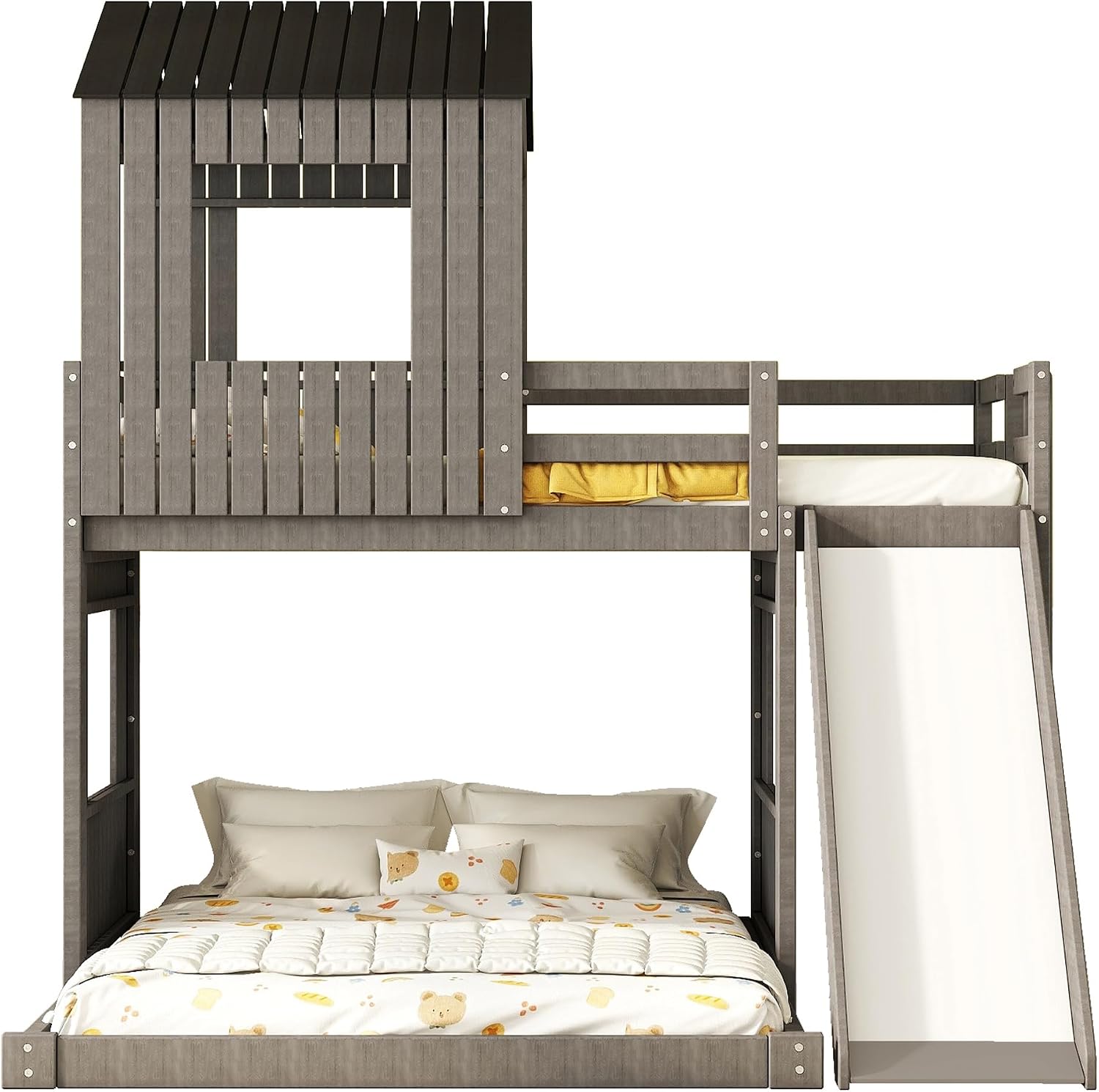 MERITLINE Wood Bunk Beds with Slide, Twin Over Full Loft Bunk Bed for Kids with Playhouse Design, House Bunk Beds with Roof,Windows and Ladder for Boys or Girls,Antique Gray