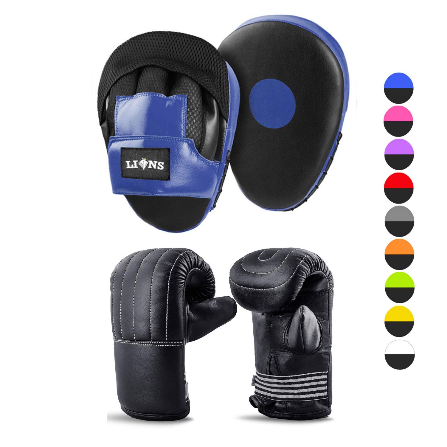 Lions Bag Mitts and Pads Set - Boxing Mma Focus Punch Bag Hook & Jabs Gloves (Mesh - Blue, Senior Mitts)