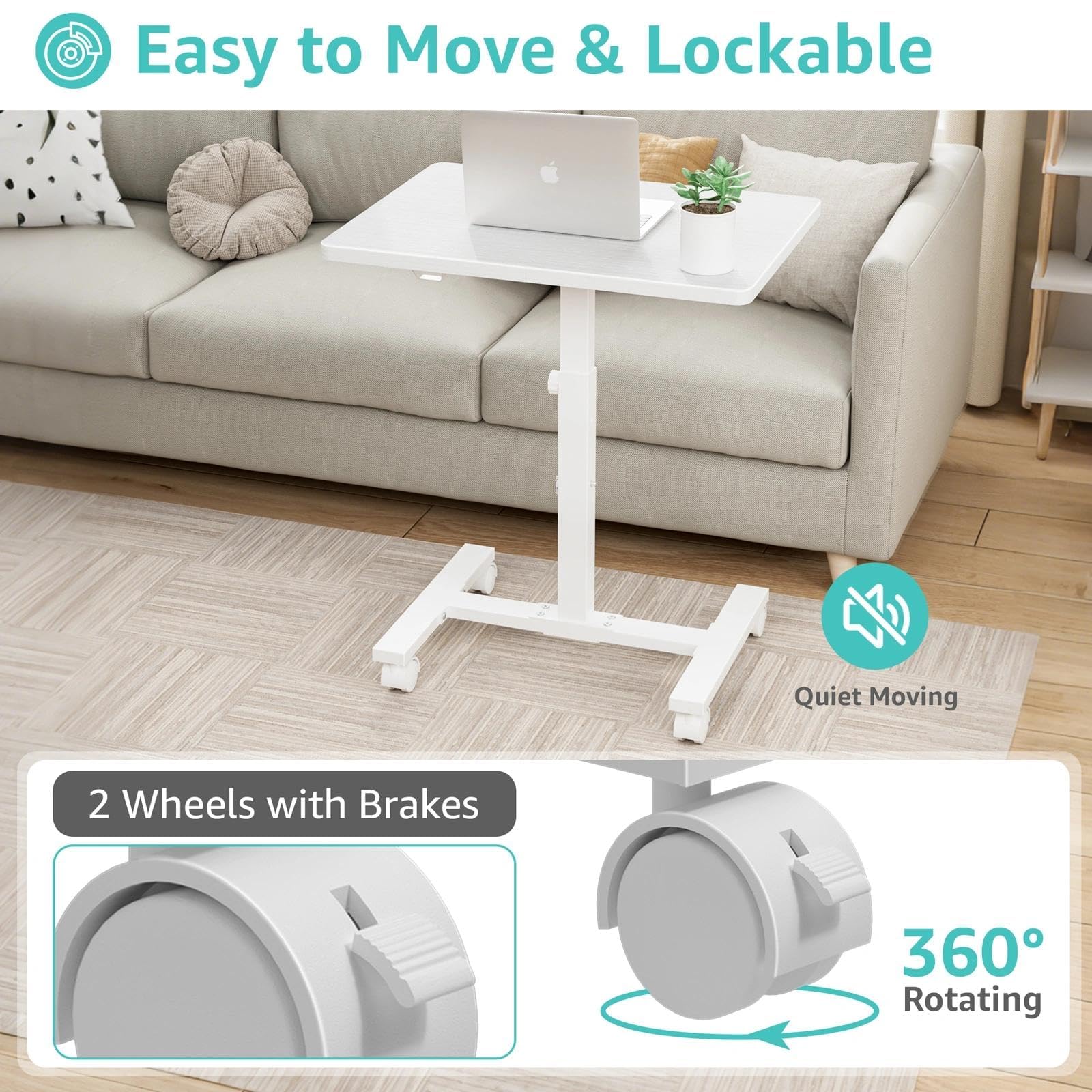 Small White Standing Rolling Desk - 24 Inch Portable Mobile Stand Up Kids Desk Adjustable Height with Wheels — view 7