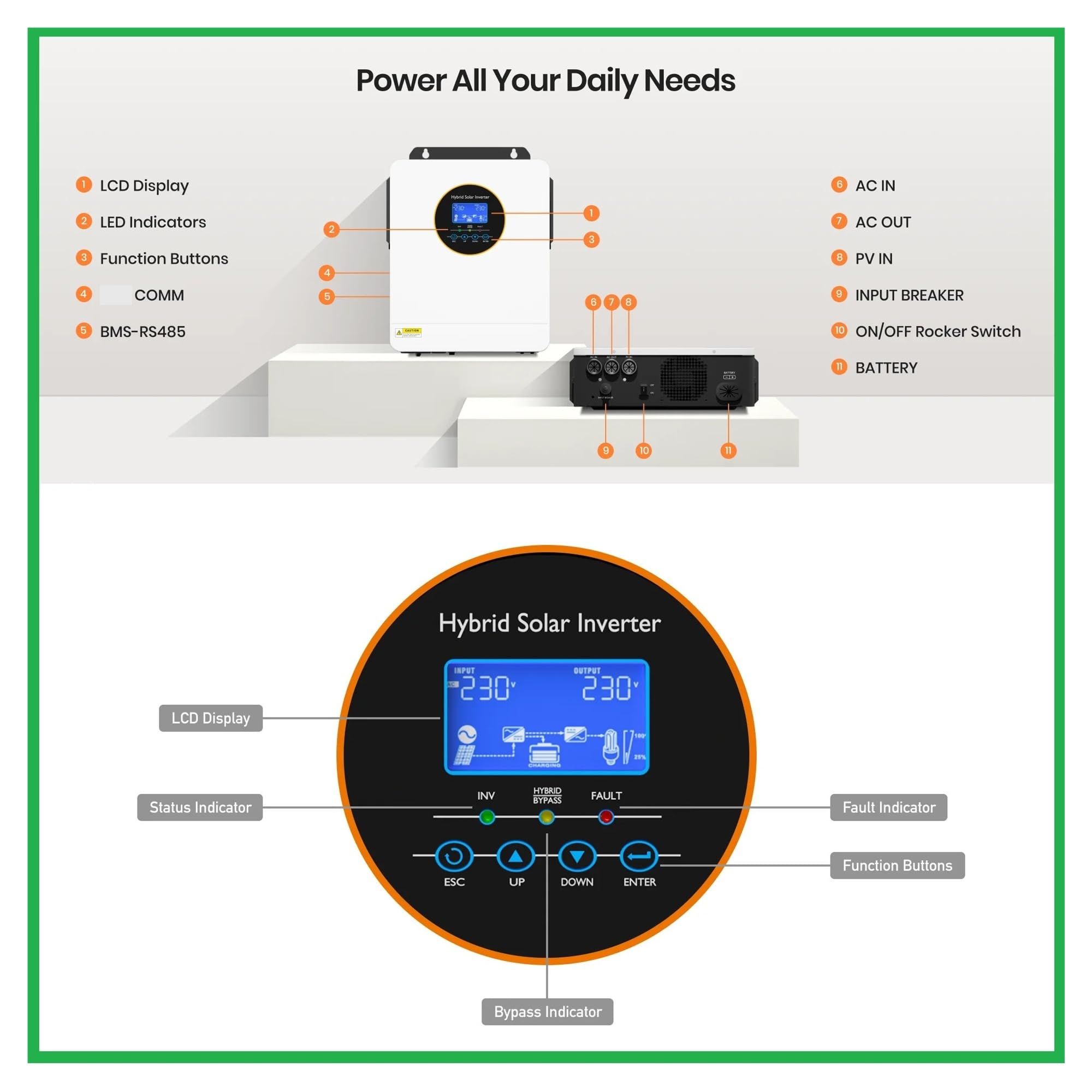 Inversor híbrido Solar de 5KW, 48V, monofásico, 120V, inversor Solar Fuera de la Red con Cargador de 100A 120A, máximo PV 300V