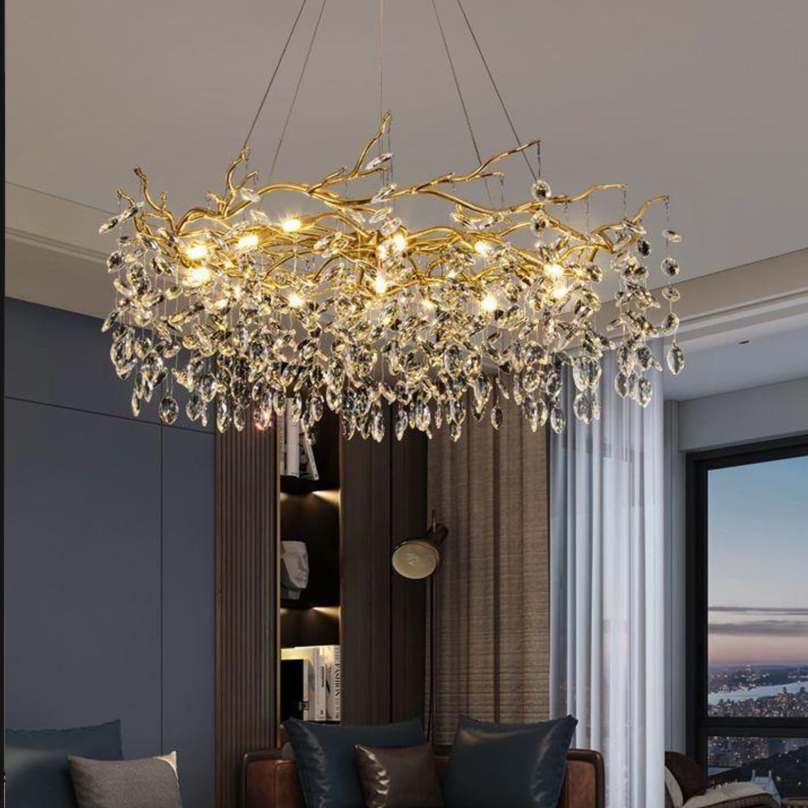 HYJAUSXB Modern Crystal Chandelier Gold Tree Branch Ceiling Light Fixtures,Crystal Closet Lighting Linear Large Foyer for Kitchen Living Room Dining HotelsGold,D45CM