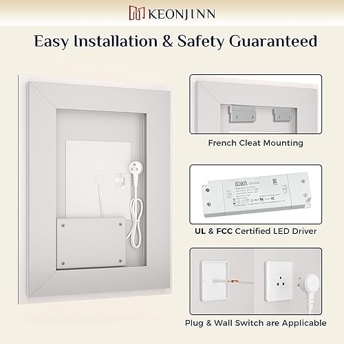 Miniatura 7 de Keonjinn Espejo LED para baño de 16 x 24 pulgadas, espejo de tocador de baño frontal y retroiluminado con 3 luces de color, espejo de baño iluminado