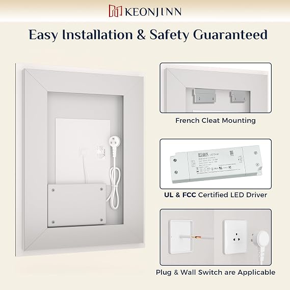 Keonjinn 40x30 Inch LED Bathroom Mirror with Lights, Frontlit & Backlit