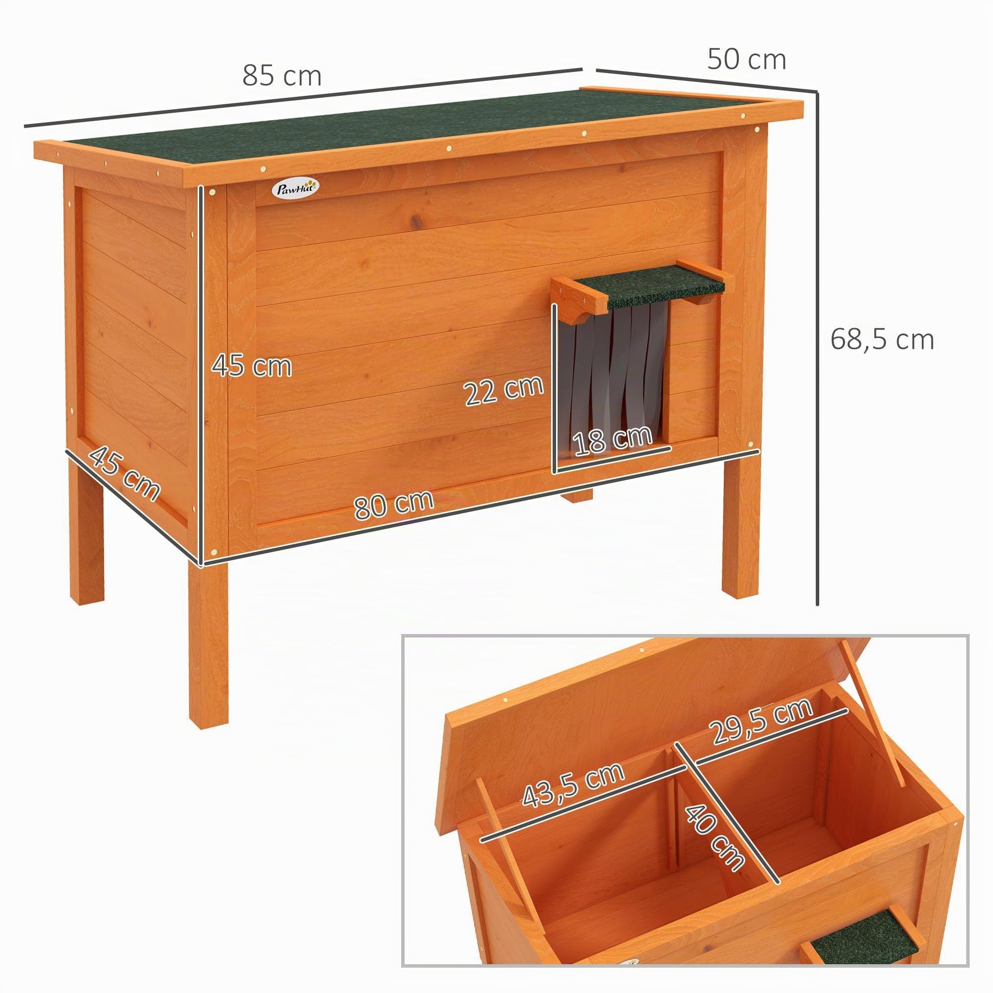 PawHut Casa de Madera para Gatos, Cueva Exterior Aislada Con Cortina en la Puerta, Casita para Animales en Diseño Elevado, para Jardín, Balcón, Naranja, 60 x 60 x 81,5 cm | Caseta para gatos con techo de asfalto, patas de suelo, cueva para gatos, para ext