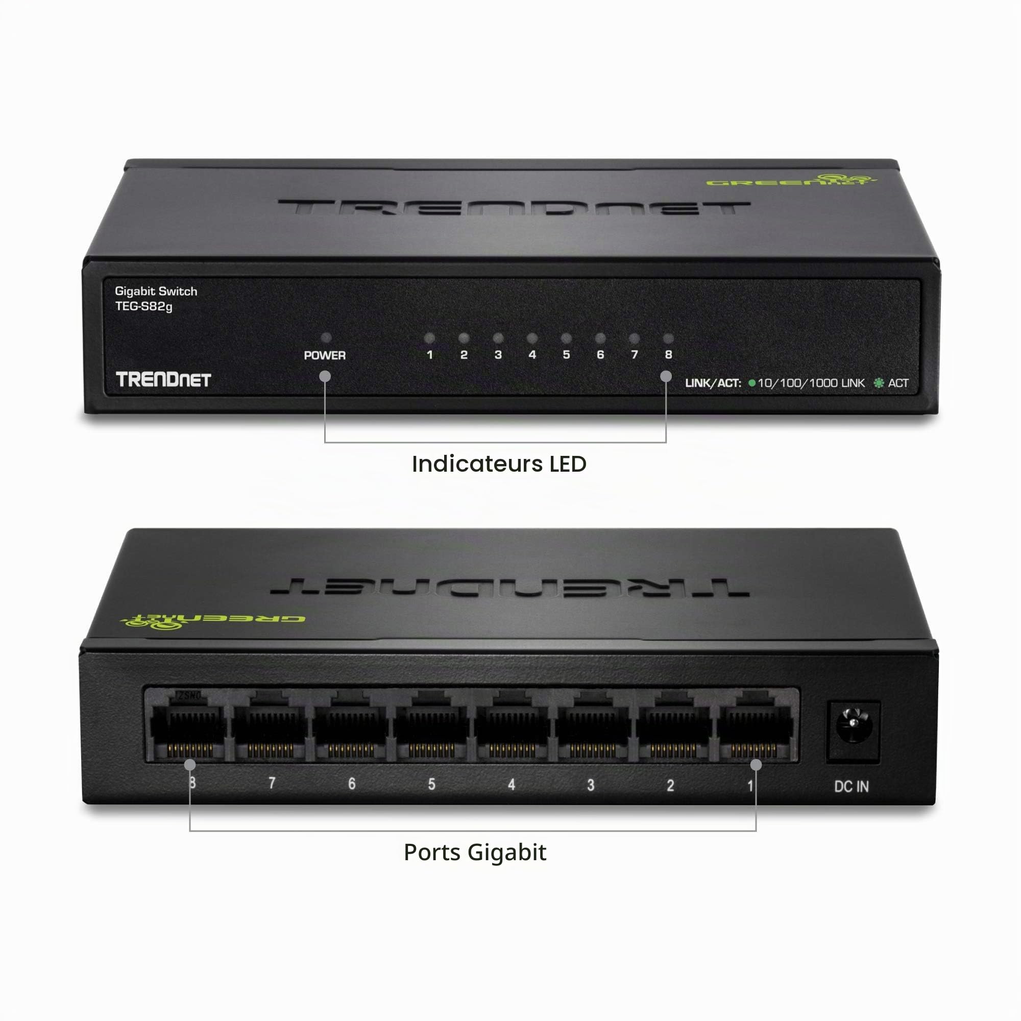 TRENDnet, TEG-S82G, Commutateur Ethernet GREENnet Gigabit 8 Ports, 8 Ports Gigabit Ethernet 10-100-1000 Mbit/s, répartiteur Ethernet, 16 Gbit/s, métal, Noir