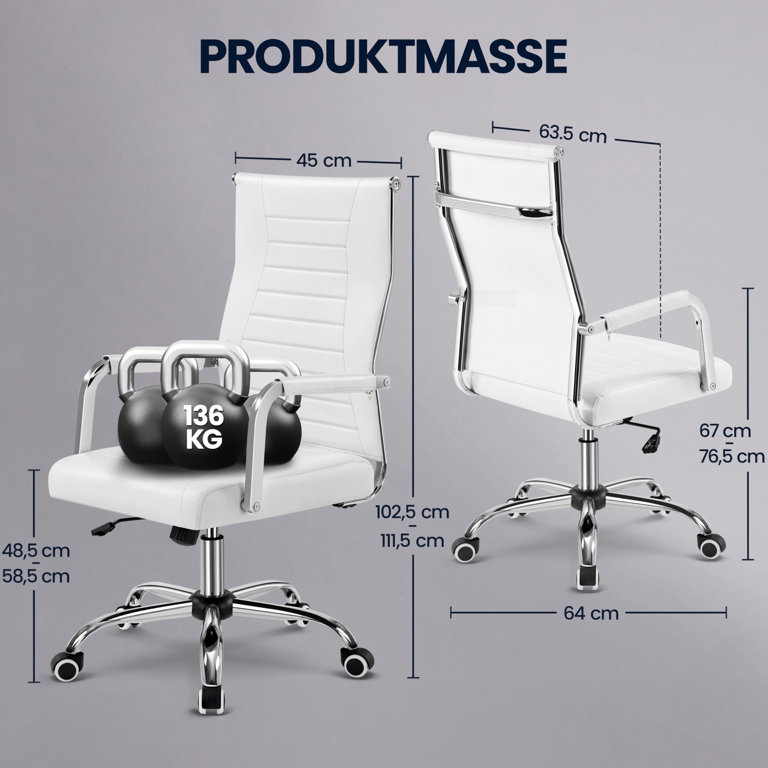 Yaheetech Bürostuhl ergonomischer Schreibtischstuhl mit Armlehnen, Chefsessel Computerstuhl hoher Rückenlehne, Arbeitsstuhl mit Wippfunktion bis 136 kg Belastbar Weiß