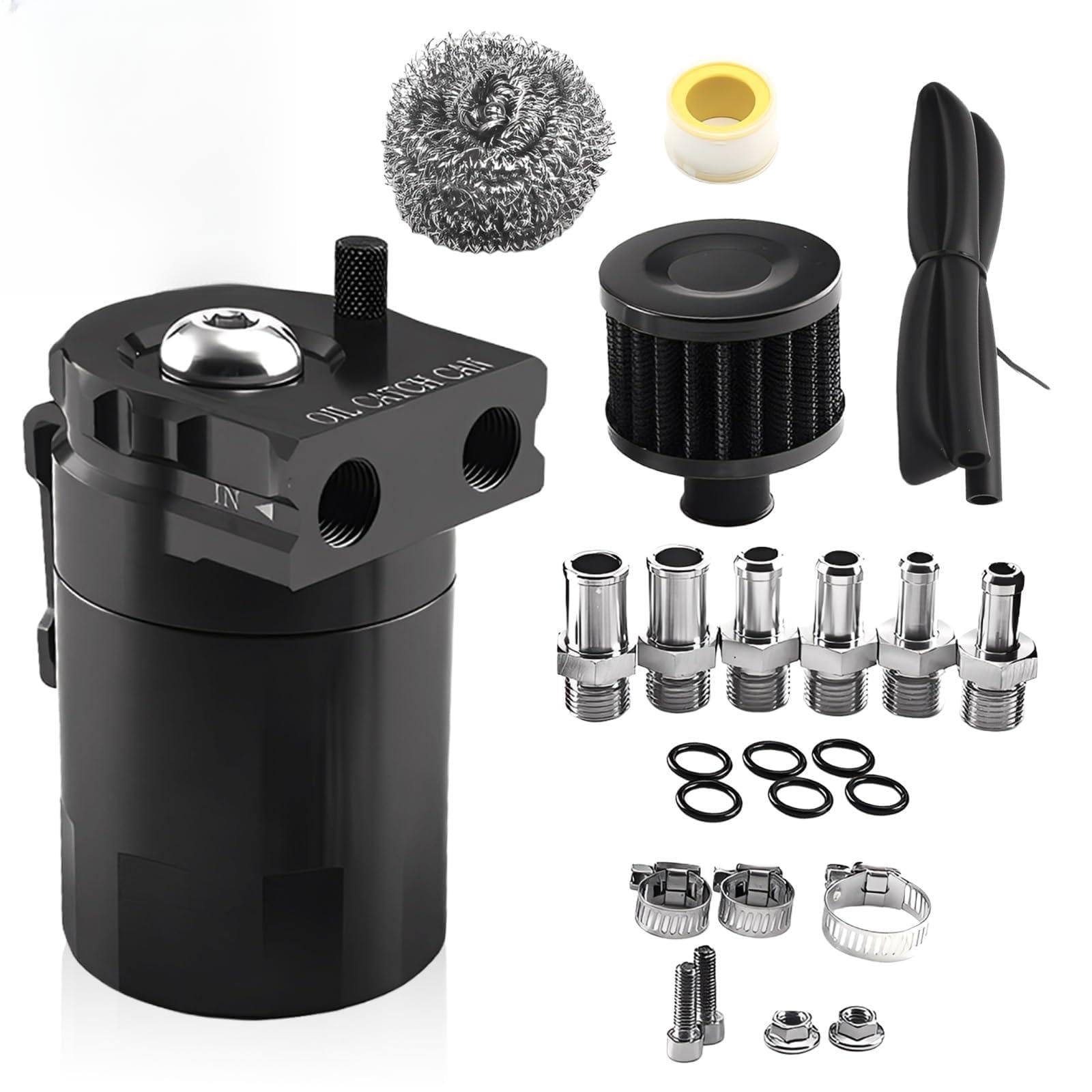 PORFOYO Collecteur d'huile en aluminium 300 ml avec filtre à air, séparateur d'huile avec filtre à air et accessoires, réservoir de voiture, réservoir d'huile pour moteurs de course turbo, noir