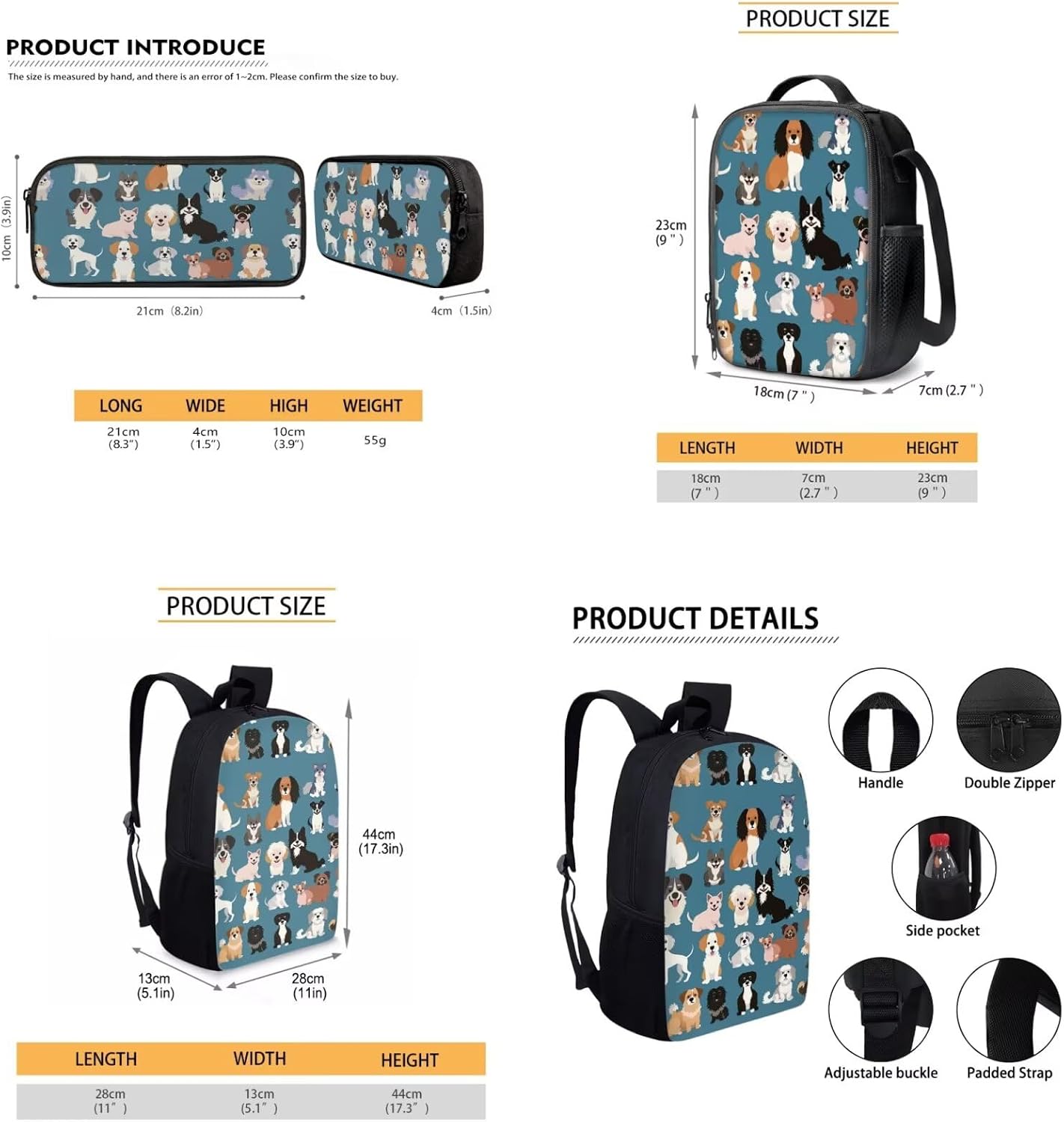 Uourmeti Puppy Dog Backpack Set School Bag and Lunch Bag for Kids Girls Boys Bookbag with Lunch Box Pencil Case Elementary School Backpacks Preschool Kindergarten Schoolbag