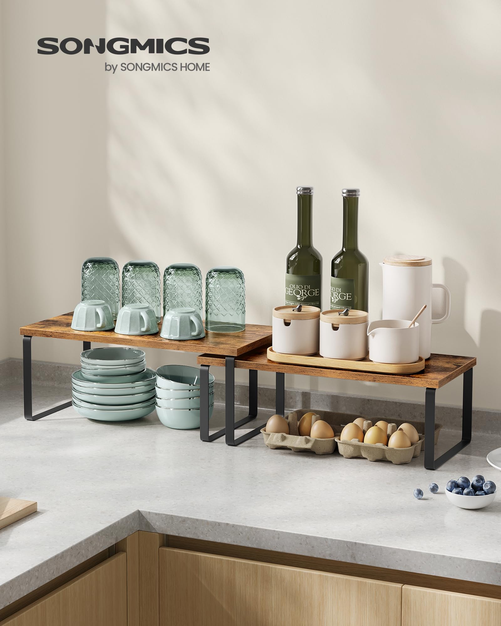 SONGMICS Kruidenrek met 2 niveaus, metalen keukenplank, met kunststof platen, antislipvoetjes, eenvoudig te monteren, voor aanrecht, voorraadkamer, badkamer, keuken, zwart KCS013B01