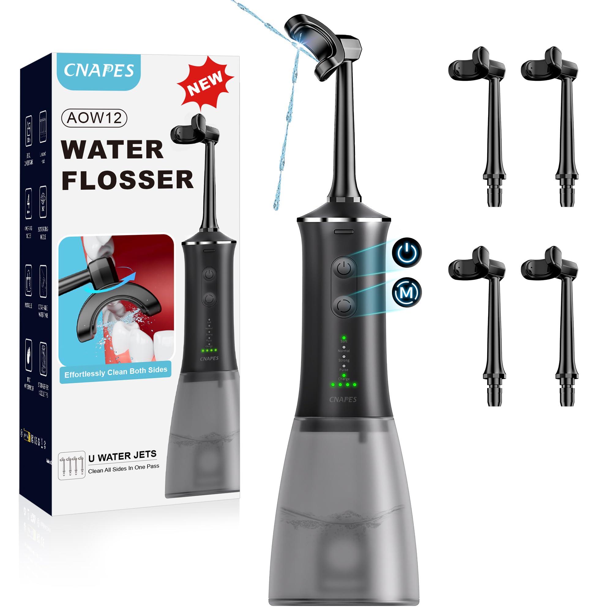 Irrigador bucal inalámbrico para dientes, boquilla en forma de U que limpia profundamente el interior y el exterior, 4 modos, tanque grande de 350 ml, impermeable IPX7, irrigador oral portátil