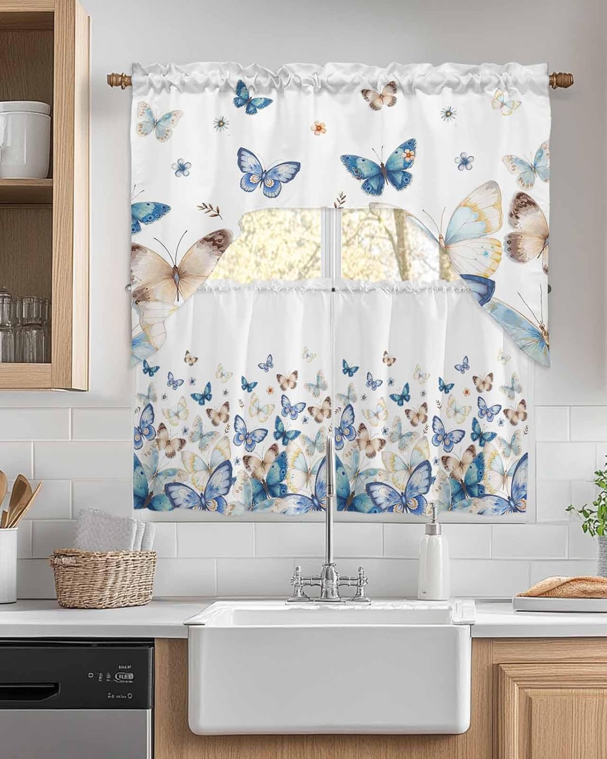 Blue Butter-fly Swag Kitchen Curtain Sets with Valance,3 Pieces Rod Pocket Curtain Drapes for Bedroom Living Room Bathroom Windows,Country Aesthetics Gradient Brown Art 56''x36'' & 24''x27.5''x2Panels